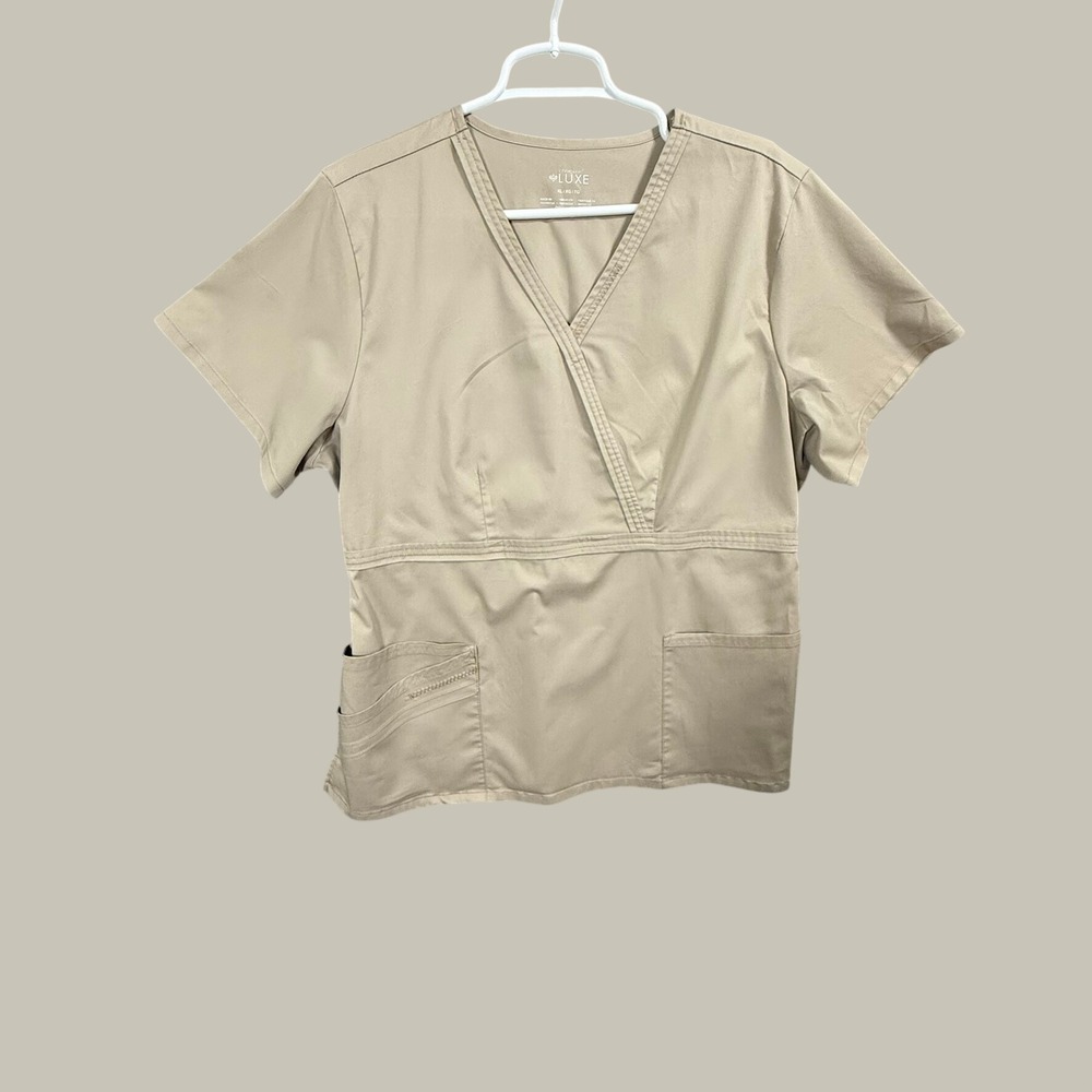 Cherokee Luxe Women XL Khaki Tan Mock Wrap Scrub Top V-Neck Medical Uniform 1841